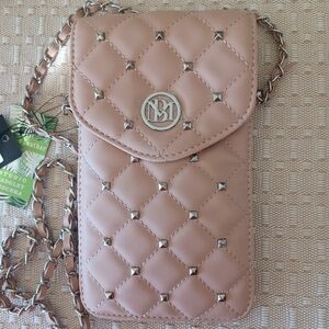 Badgley Mischka Diamond Quilted Bag Phone Case Crossbody Silver Studs Pink NWT